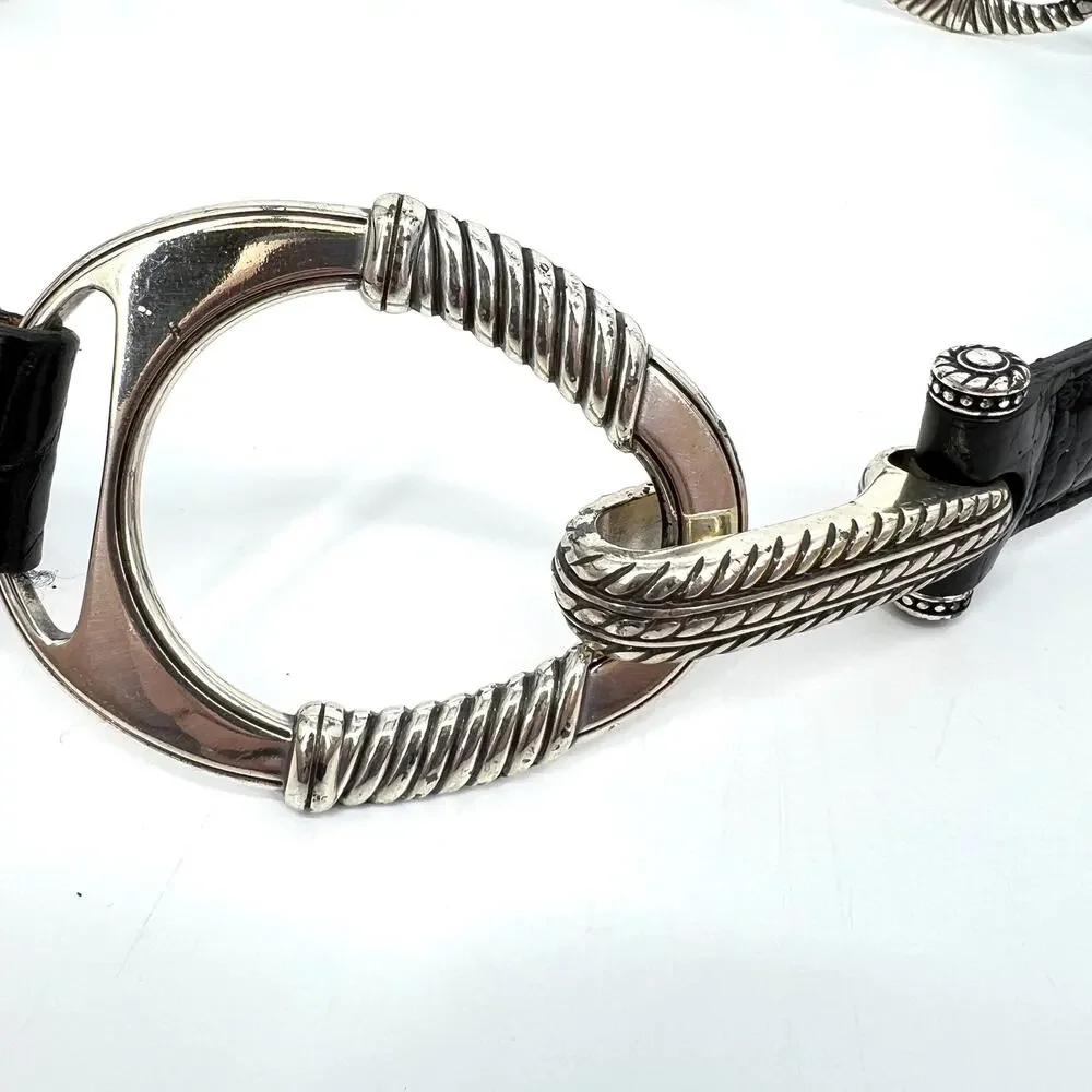 Brighton Black Reptile Embossed Leather and Silver Concho and Clasp Belt Size 36